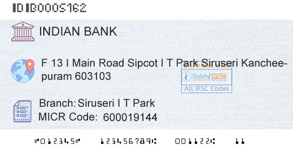 Indian Bank Siruseri I T ParkBranch 