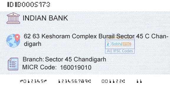 Indian Bank Sector 45 ChandigarhBranch 