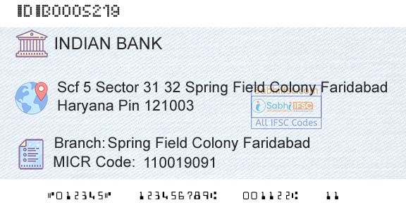 Indian Bank Spring Field Colony FaridabadBranch 