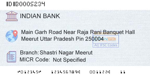 Indian Bank Shastri Nagar MeerutBranch 