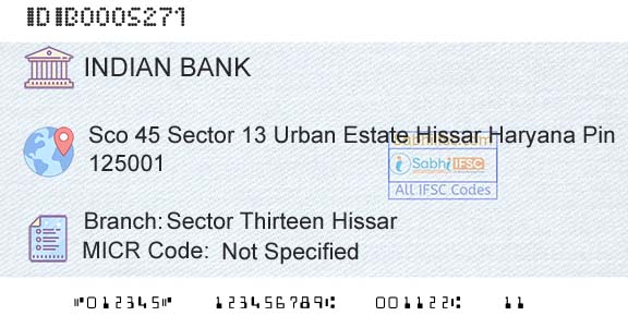 Indian Bank Sector Thirteen HissarBranch 
