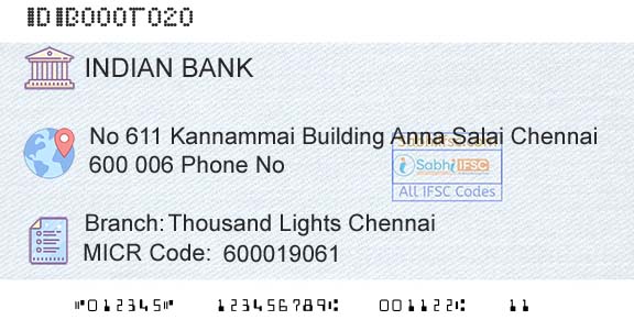 Indian Bank Thousand Lights Chennai Branch 