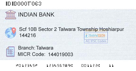 Indian Bank TalwaraBranch 