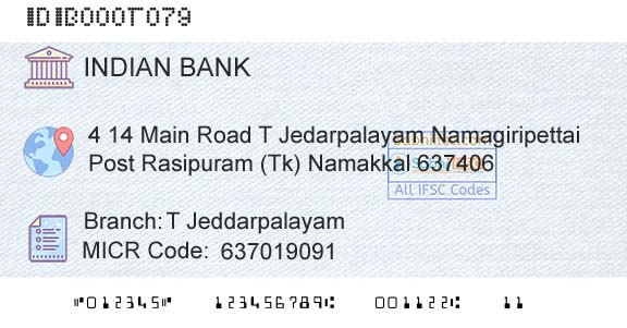 Indian Bank T JeddarpalayamBranch 