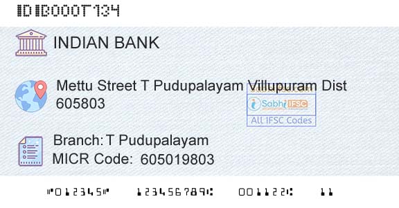 Indian Bank T PudupalayamBranch 