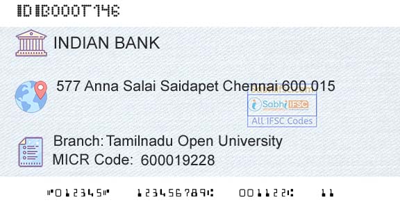 Indian Bank Tamilnadu Open UniversityBranch 