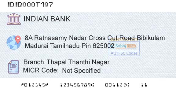 Indian Bank Thapal Thanthi NagarBranch 
