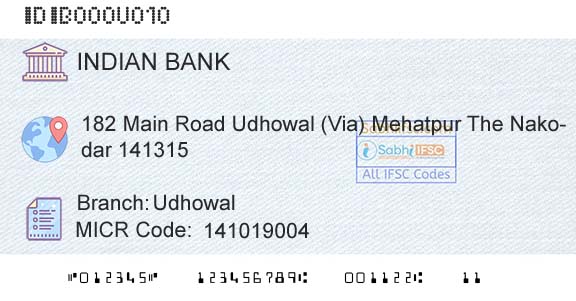Indian Bank UdhowalBranch 