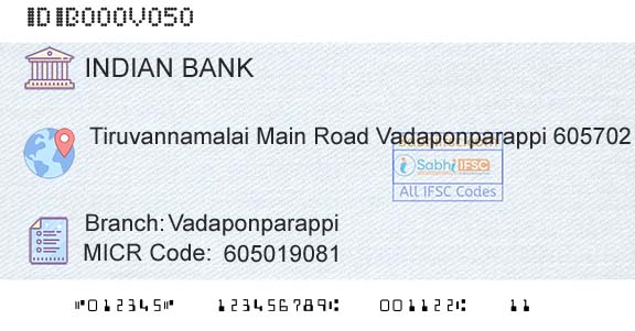 Indian Bank VadaponparappiBranch 