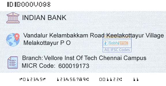 Indian Bank Vellore Inst Of Tech Chennai CampusBranch 