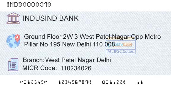 Indusind Bank West Patel Nagar DelhiBranch 