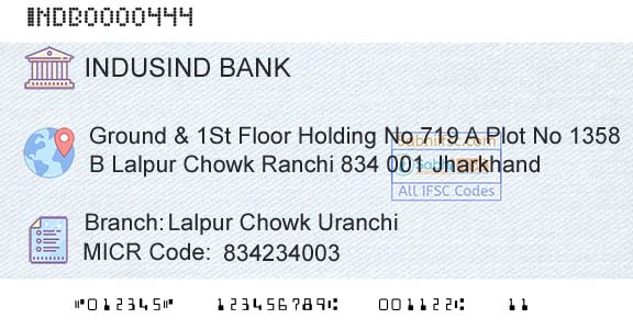Indusind Bank Lalpur Chowk UranchiBranch 