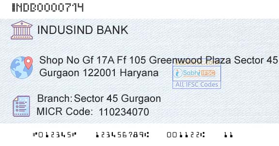 Indusind Bank Sector 45 GurgaonBranch 