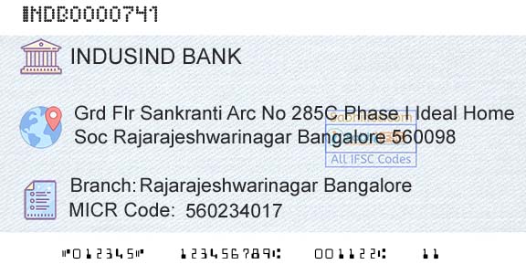 Indusind Bank Rajarajeshwarinagar BangaloreBranch 