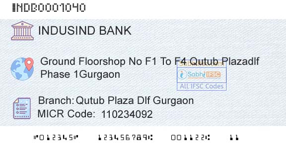 Indusind Bank Qutub Plaza Dlf GurgaonBranch 