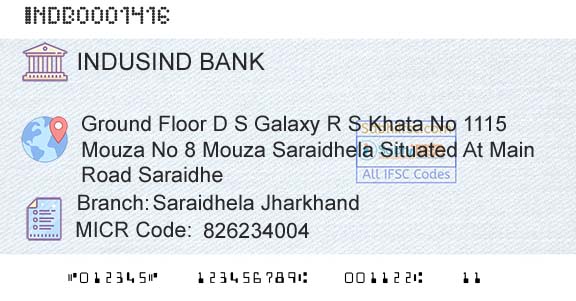 Indusind Bank Saraidhela JharkhandBranch 
