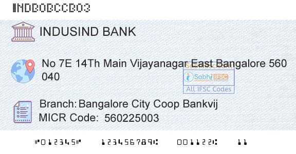 Indusind Bank Bangalore City Coop BankvijBranch 