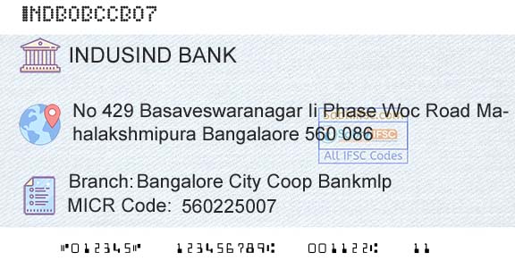 Indusind Bank Bangalore City Coop BankmlpBranch 