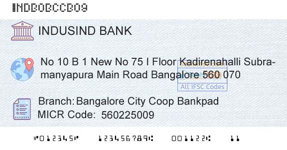 Indusind Bank Bangalore City Coop BankpadBranch 