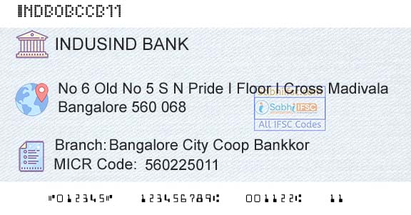 Indusind Bank Bangalore City Coop BankkorBranch 
