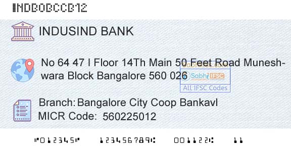 Indusind Bank Bangalore City Coop BankavlBranch 
