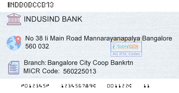 Indusind Bank Bangalore City Coop BankrtnBranch 