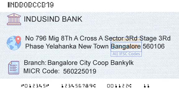 Indusind Bank Bangalore City Coop BankylkBranch 