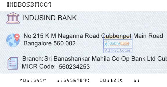 Indusind Bank Sri Banashankar Mahila Co Op Bank Ltd CubbonpetBranch 