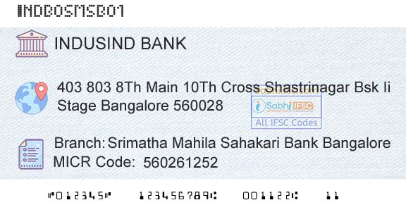 Indusind Bank Srimatha Mahila Sahakari Bank BangaloreBranch 