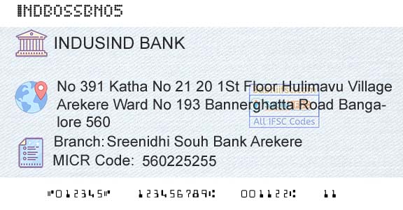 Indusind Bank Sreenidhi Souh Bank ArekereBranch 