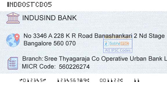 Indusind Bank Sree Thyagaraja Co Operative Urban Bank Ltd Bsk TwBranch 