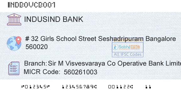 Indusind Bank Sir M Visvesvaraya Co Operative Bank Limited KumarBranch 