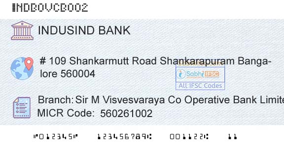 Indusind Bank Sir M Visvesvaraya Co Operative Bank Limited ShankBranch 