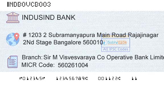 Indusind Bank Sir M Visvesvaraya Co Operative Bank Limited RajajBranch 