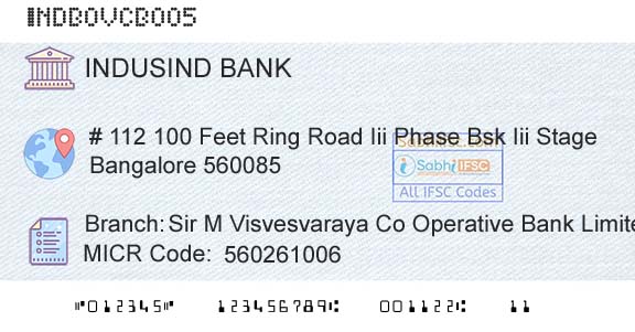 Indusind Bank Sir M Visvesvaraya Co Operative Bank Limited Bsk IBranch 