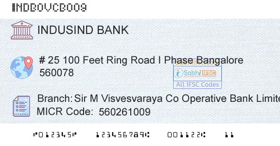 Indusind Bank Sir M Visvesvaraya Co Operative Bank Limited Btm LBranch 