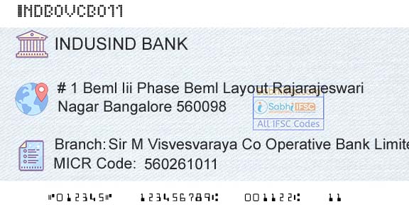 Indusind Bank Sir M Visvesvaraya Co Operative Bank Limited RajarBranch 