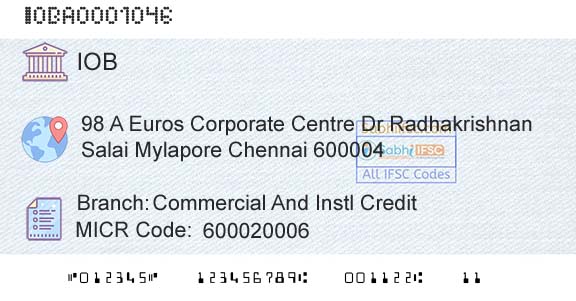 Indian Overseas Bank Commercial And Instl CreditBranch 