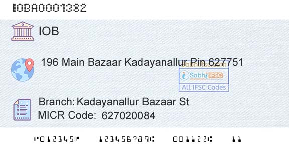 Indian Overseas Bank Kadayanallur Bazaar StBranch 