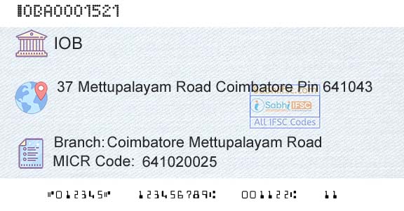 Indian Overseas Bank Coimbatore Mettupalayam RoadBranch 