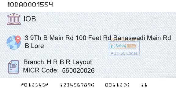 Indian Overseas Bank H R B R LayoutBranch 