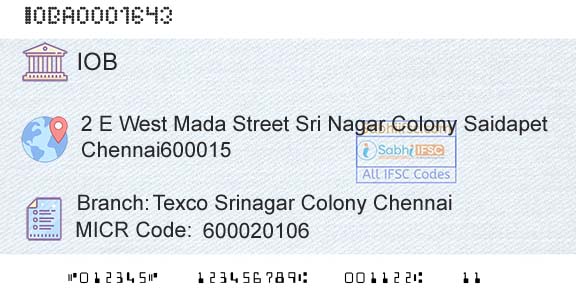 Indian Overseas Bank Texco Srinagar Colony ChennaiBranch 