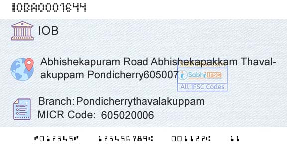 Indian Overseas Bank PondicherrythavalakuppamBranch 