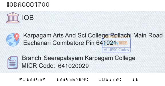 Indian Overseas Bank Seerapalayam Karpagam CollegeBranch 