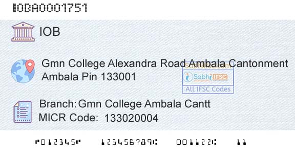 Indian Overseas Bank Gmn College Ambala CanttBranch 