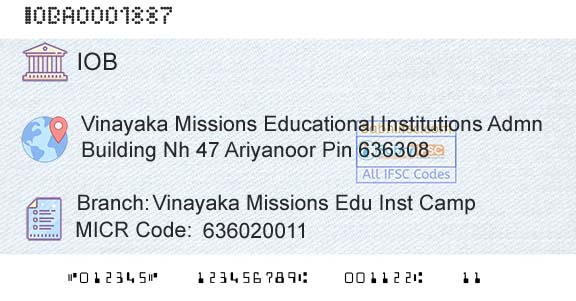 Indian Overseas Bank Vinayaka Missions Edu Inst CampBranch 