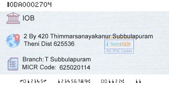 Indian Overseas Bank T SubbulapuramBranch 
