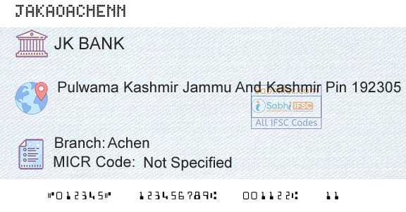 Jammu And Kashmir Bank Limited AchenBranch 