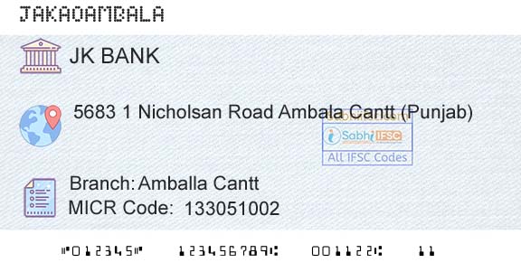 Jammu And Kashmir Bank Limited Amballa CanttBranch 
