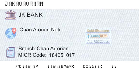 Jammu And Kashmir Bank Limited Chan ArrorianBranch 